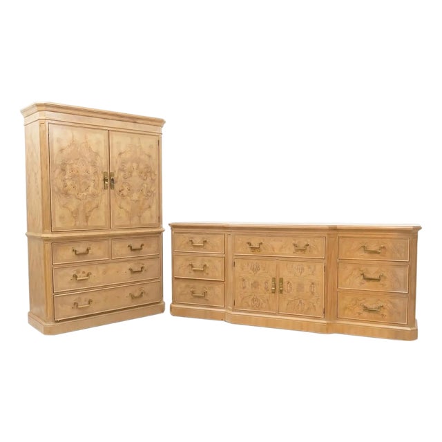 1980s Drexel Heritage Corinthian Olive Ash Burl 2-Piece Bedroom Set For Sale