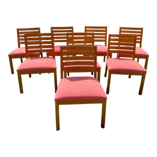 Ethan Allen Oak Parsons Dining Chairs with Salmon Seats - Set of 8 For Sale