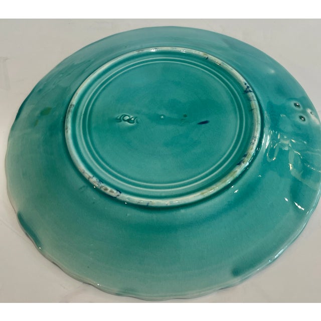 Turquoise French Antique Majolica Art Nouveau Bird Plate by Onnaing c.1890 For Sale - Image 8 of 8