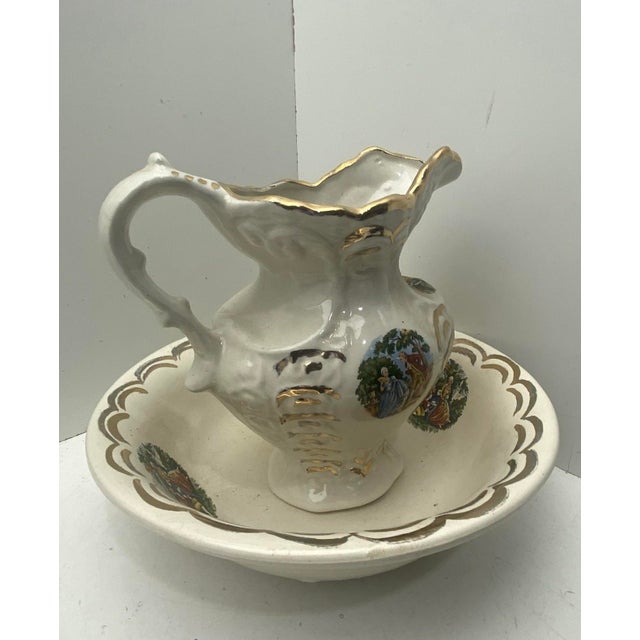 Mid 20th Century Vintage Victorian Style Ceramic Pitcher & Wash Basin Set – Courting Couple Motif, Gold Gilt For Sale - Image 5 of 11