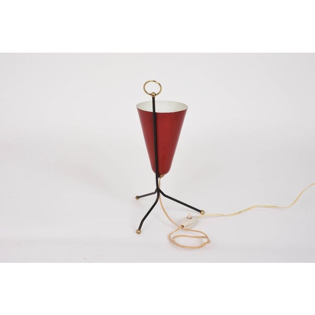 1950s Italian Tripod Conical Red Lacquered Metal and Brass Table Lamp, 1950s For Sale - Image 5 of 9