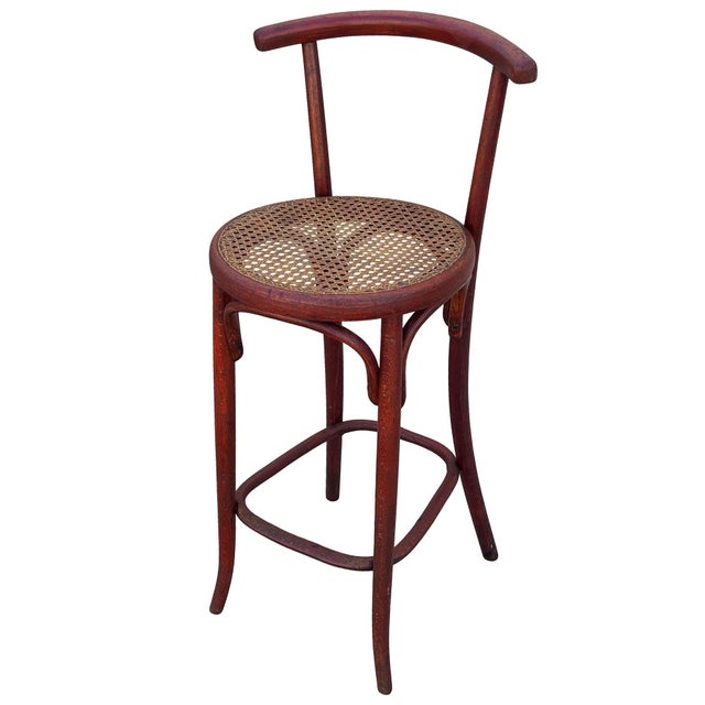 Victorian Late 19th Century Vienna Secession Bent Oak & Cane Bar Stool W/ Backrest Attributed to Gebrüder Thonet For Sale - Image 3 of 8