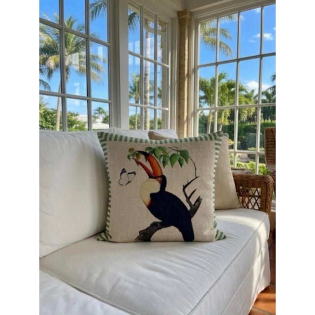 Vintage British Colonial Style Linen Toucan Accent Pillow For Sale - Image 10 of 12