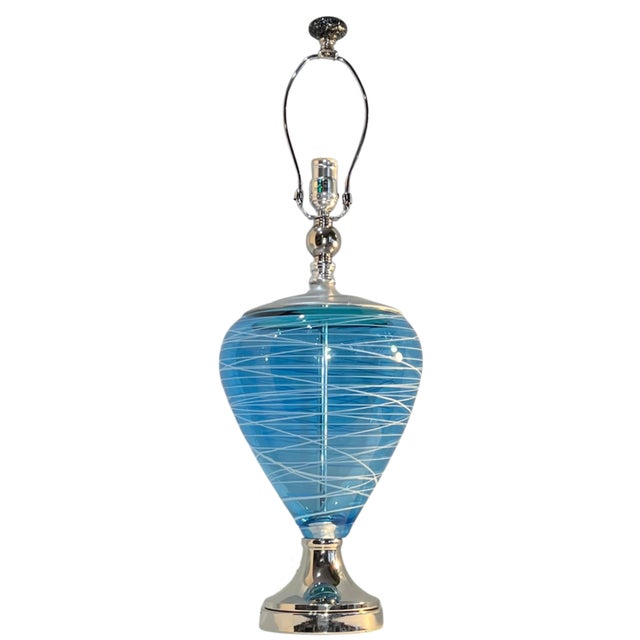 Art Glass Aqua Blue White Swirl Table Lamp For Sale - Image 9 of 18