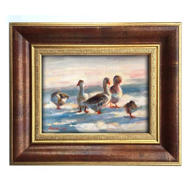 Blue Framed Original Animal Painting Geese Bird Goose Landscape by Valeriya Serova For Sale - Image 8 of 8
