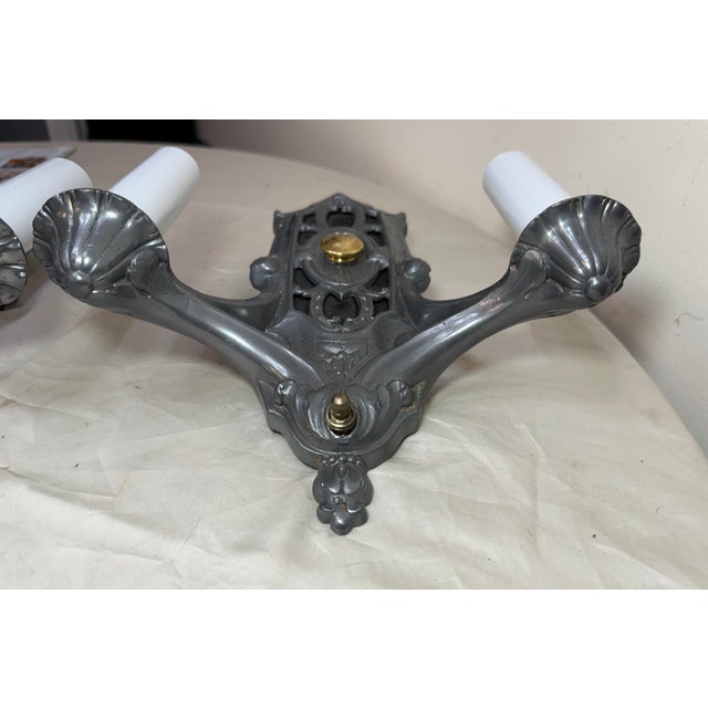 Pair of Antique Ornate 2-Arm Pewter Silver Gold Electric Wall Sconces Fixture For Sale - Image 9 of 10