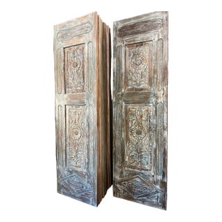 Antique Carved Wooden Door Panel | Distressed Blue Floral Rustic Barn Door 96x27 For Sale