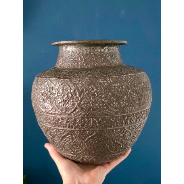 Antique Repoussé Silver-Plated Copper Vase, Likely Indian, Early 20th Century For Sale - Image 11 of 17