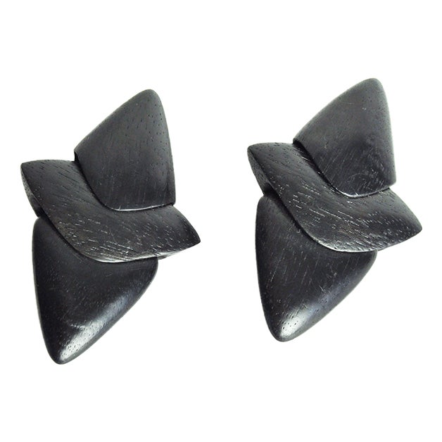 Large Sculptural Black Ear-Clips in Ebony from Monies, Denmark, 2000s, Set of 2 For Sale