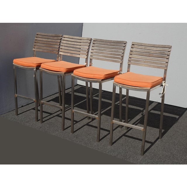 1990s Set of Four Vintage Westminster Teak & Stainless Steel Vogue Bar Stools For Sale - Image 5 of 13