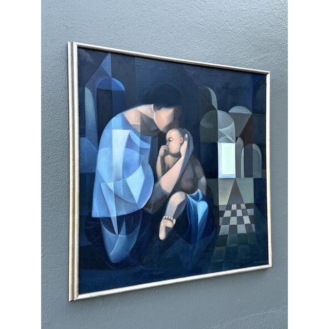 Vintage Original Abstract Figurative Oil Painting of Mother and Child For Sale - Image 10 of 12