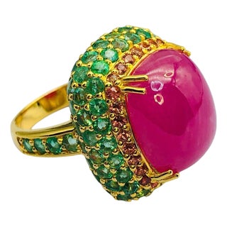Bochic "Orient" Vintage Natural Emerald & Ruby Ring Set In 18K Gold &Silver For Sale