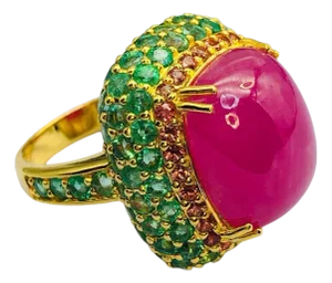 Bochic "Orient" Vintage Natural Emerald & Ruby Ring Set In 18K Gold &Silver