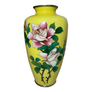 Antique Signed Japanese Ando Handmade Yellow Enamel Silver Floral Cloisonné Vase