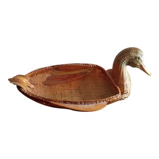 Vintage Handmade Rattan Duck Basket For Sale