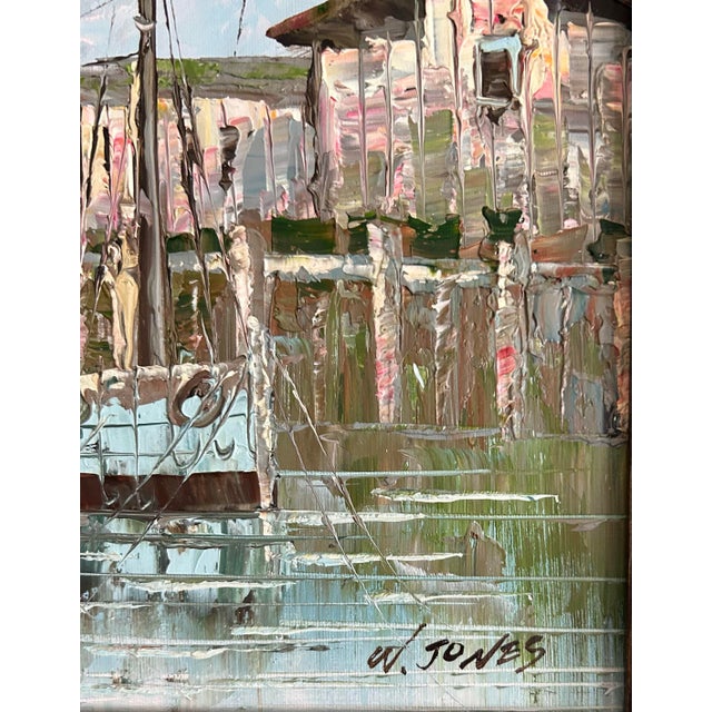 Textile Vintage Impressionist Oil Painting of Fishing Boats at Dock Signed W Jones For Sale - Image 7 of 8