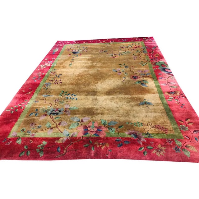 1920s Yellow Gold Floral Antique Chinese Art Deco Carpet 9' X 11'8" Knotted Wool Rug For Sale - Image 4 of 11