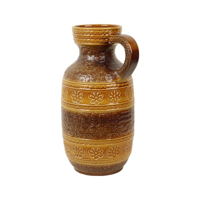 Vintage Bay Keramik vase, ochre and brown with a floral pattern around the middle; vintage West German pottery from the...