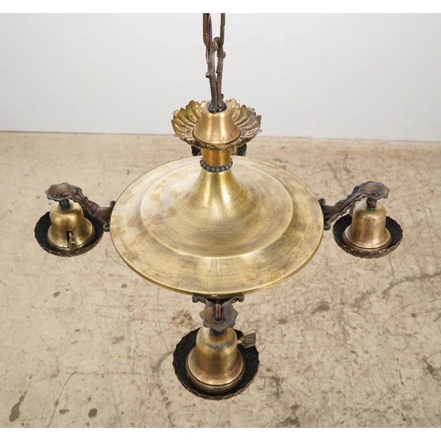 Mid 20th Century Victorian Brass 4 Exposed Bulbs Pan Chandelier For Sale - Image 6 of 12