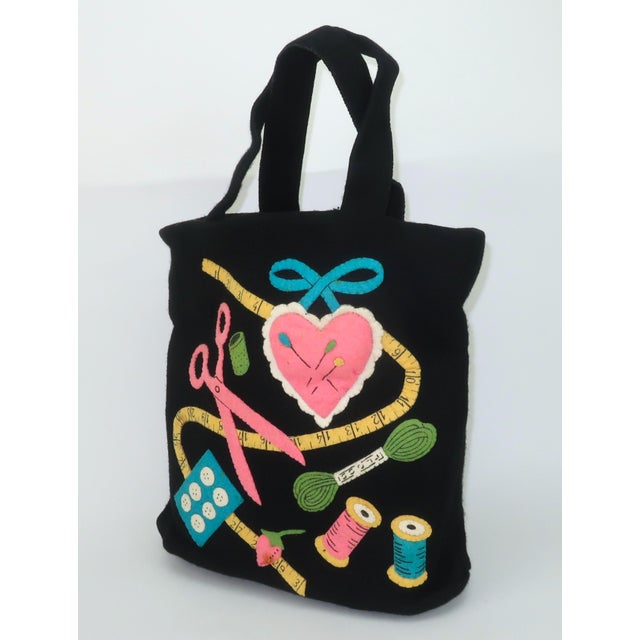 Black Novelty Sewing Theme Felt Tote Handbag, 1950's For Sale - Image 8 of 14