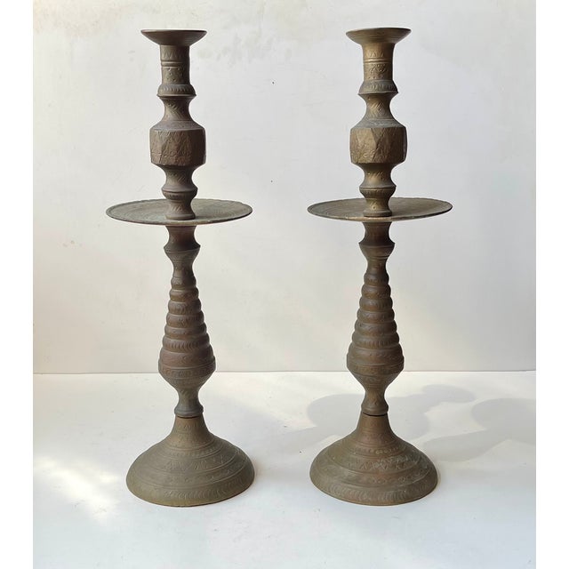 Vintage Moroccan Altar Candleholders in Engraved Brass, 1960s, Set of 2 For Sale - Image 9 of 10