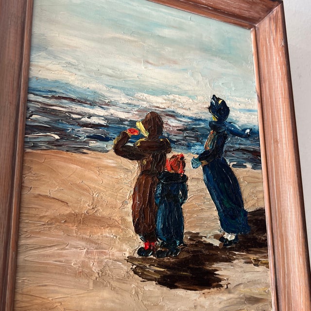 Blue 20th Century Oil on Board Framed Signed Impressionist Style Depicting Family at Seashore For Sale - Image 8 of 10