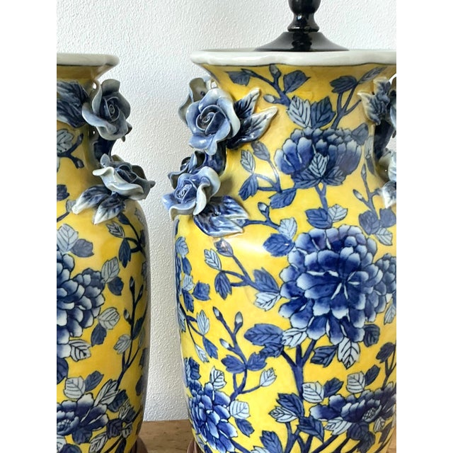 Chinoiserie Vintage Boho Blue Rose Glazed Ceramic Vase Lamps - A Pair For Sale - Image 3 of 12