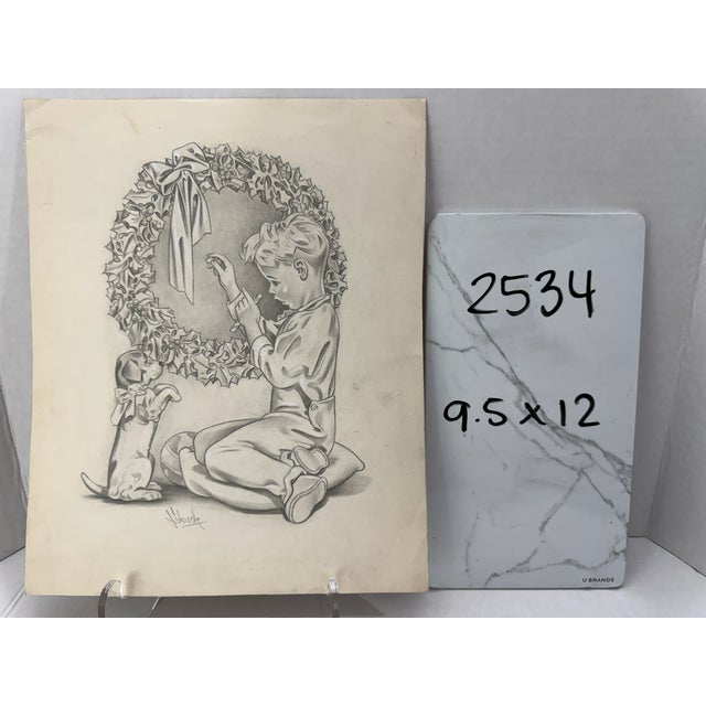 1940s Original Signed Graphite Illustration of Boy With Dog and Christmas Wreath, 12 × 9.5 In. For Sale In Atlanta - Image 6 of 6