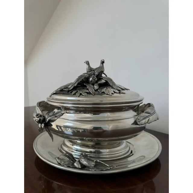 This is a large pewter tureen with pheasants and nuts motif by Cipolla Pewter from Gorsuch in Aspen. The exterior of the...