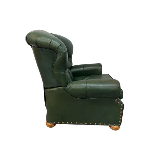Vintage Ethan Allen Forrest Green Leather Chesterfield Reclining Lounge Chair For Sale In Philadelphia - Image 6 of 9