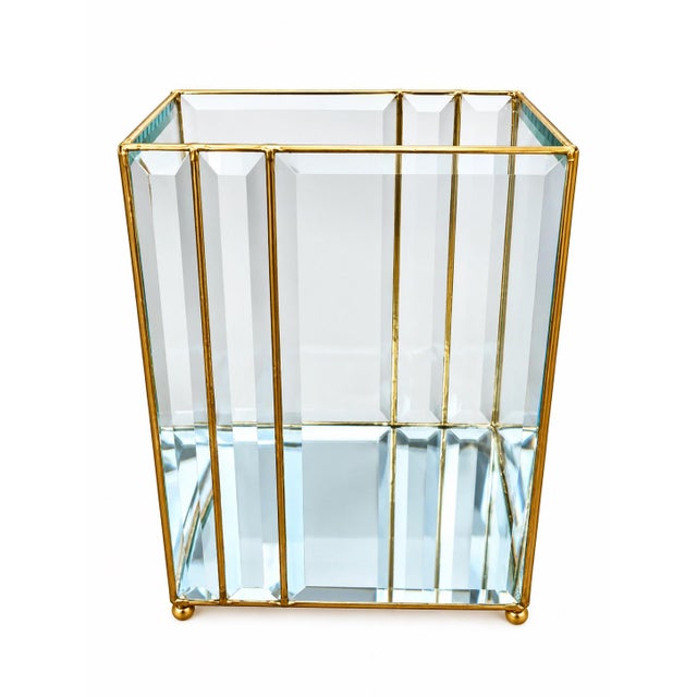 Art Deco Vintage 1980s 24k Gold Leaded Beveled Glass Wastebasket & Tissue Box Cover For Sale - Image 3 of 12