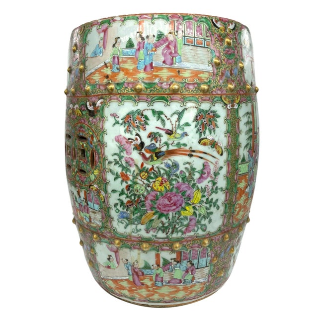A Chinese export porcelain canton famille rose garden seat, of circular form, the polychrome enameled surface with...