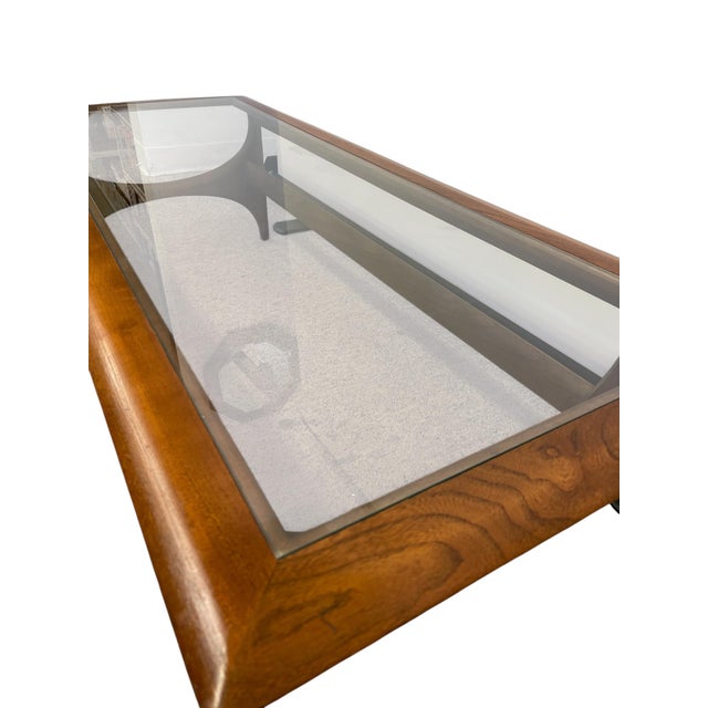 Brown Vintage Mid Century Modern Walnut and Glass Coffee Table by Lane Furniture For Sale - Image 8 of 9
