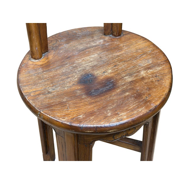 Vintage Rustic Patina Round Seat Cross 4 Legs Wood Bench Stool Table For Sale - Image 10 of 11