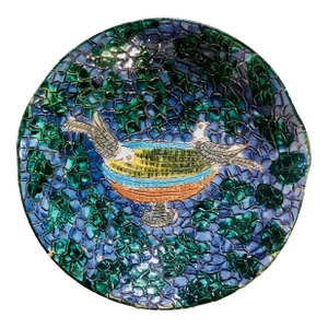 Petite Vintage Italian Faux Mosaic Pottery Decorative Bowl, Vide Poche of 2 Birds and a Birdbath
