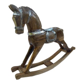 Large Vintage Holiday Wooden Rocking Horse Pony With Sterling Silver Appliqué For Sale