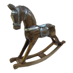 Large Vintage Holiday Wooden Rocking Horse Pony With Sterling Silver Appliqué
