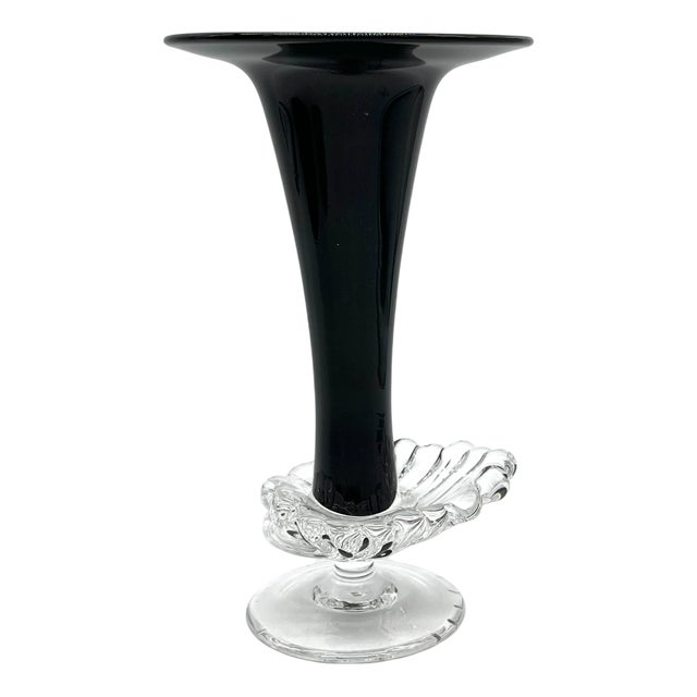 Vintage Glossy Black Glass Vase with Ornamentally Relief-Patterned Base, 1920s For Sale