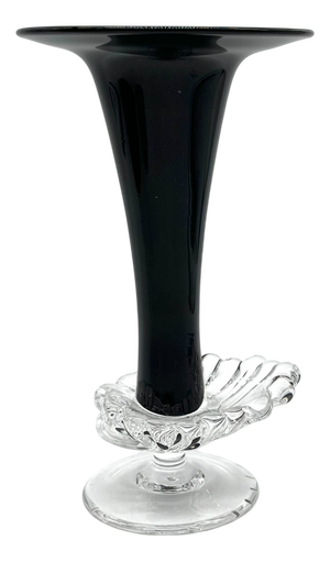 Vintage Glossy Black Glass Vase with Ornamentally Relief-Patterned Base, 1920s