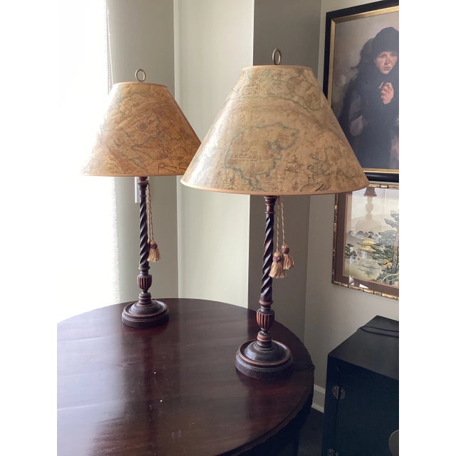 Pair of 1990s Maitland-Smith Style Barley Twist Lamps With Tassels and Map Themed Shades For Sale In Atlanta - Image 6 of 8
