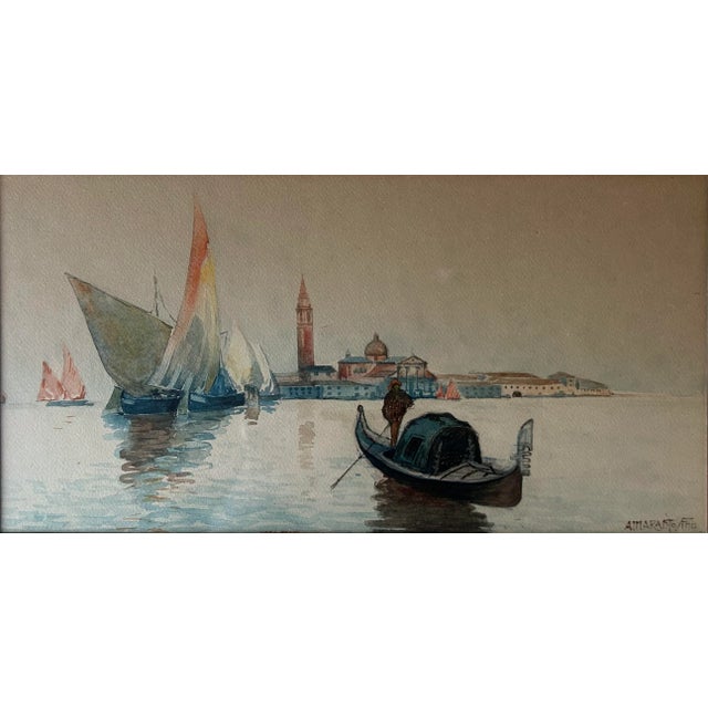Italian Antique Venetian Watercolor Sailboats on Water City Background For Sale - Image 3 of 7