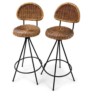 Mid Century Danny Ho Fung Style Wrought Iron Rattan Barstools, Counter Stools For Sale
