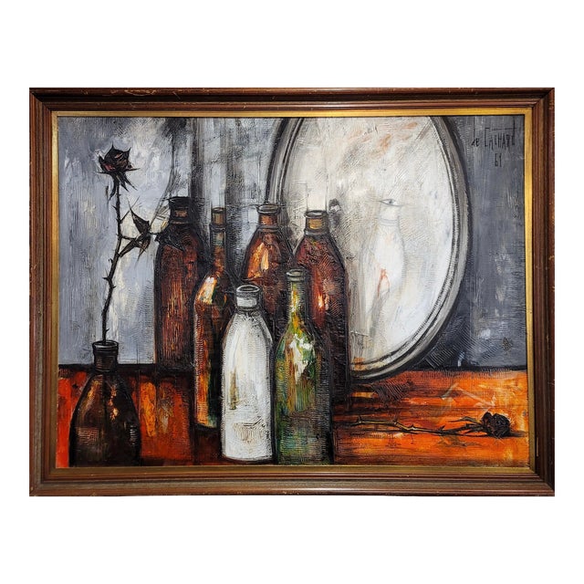 Regis De Bouvier De Cachard-Still Life of Wine Bottles & Roses in the Mirror-Oil Painting For Sale