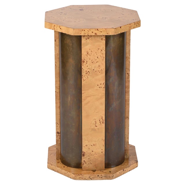 Octagonal Pedestal in Burl Wood and Brass by Tommaso Barbi, Italy, 1970s For Sale