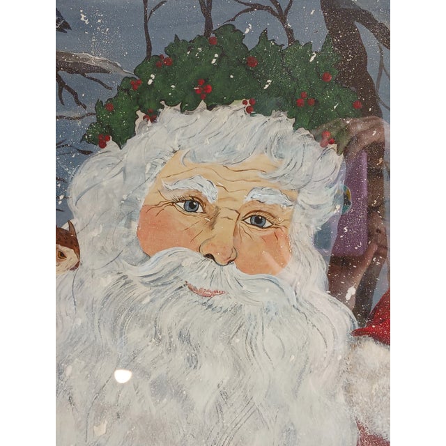 2000 - 2009 Vintage Large Heartwarming Painting of Kind Santa in Snowy Woods With Birds , Signed and Dated For Sale - Image 5 of 9