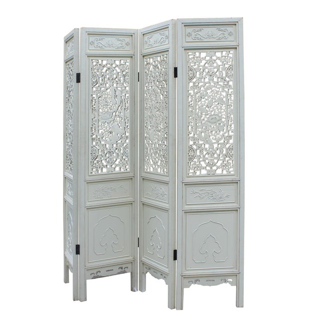 Chinese Distressed Off White Lacquer Flower Birds Wood Panel Floor