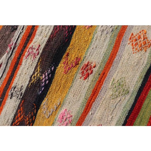 Mid 20th Century Vintage Hand Woven Turkish Kilim Colorful Stripe Runner With Tribal Motifs For Sale In Atlanta - Image 6 of 12