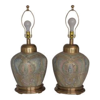 Mid 20th Century Frederick Cooper Ginger Jar Lamps With Brass Hardware - a Pair For Sale