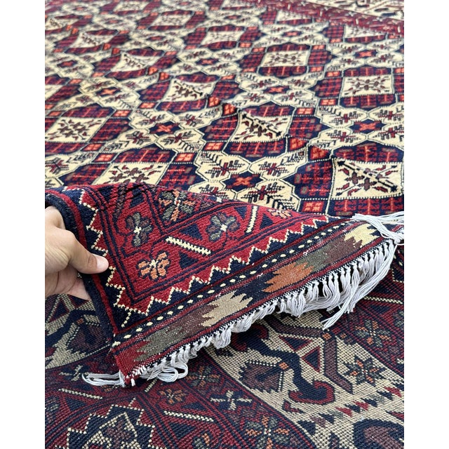 Afghan Turkmen Hand-Knotted Wool Rug, Ivory Star Lattice, 9'10" X 6'8" For Sale - Image 11 of 14