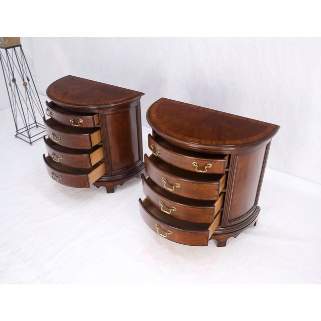 Pair of 4 Drawer Banded Top Demi Lune Consoles Dressers Brass Drop Pulls MINT! For Sale - Image 14 of 16